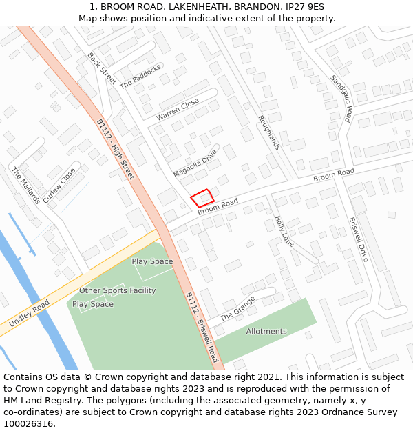 1, BROOM ROAD, LAKENHEATH, BRANDON, IP27 9ES: Location map and indicative extent of plot