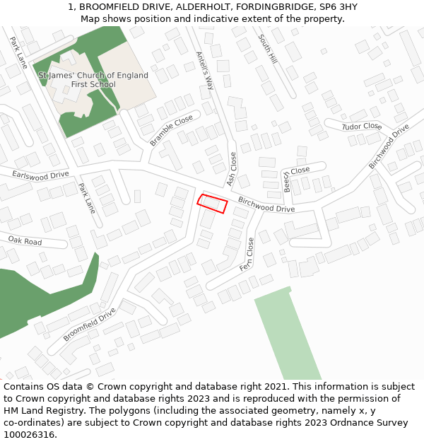 1, BROOMFIELD DRIVE, ALDERHOLT, FORDINGBRIDGE, SP6 3HY: Location map and indicative extent of plot