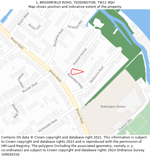 1, BROOMFIELD ROAD, TEDDINGTON, TW11 9QU: Location map and indicative extent of plot