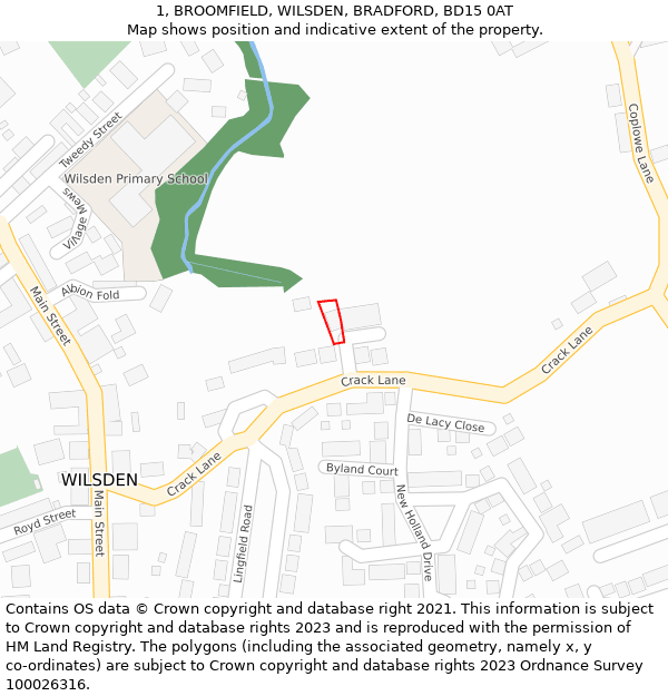1, BROOMFIELD, WILSDEN, BRADFORD, BD15 0AT: Location map and indicative extent of plot