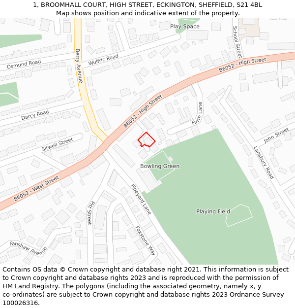 1, BROOMHALL COURT, HIGH STREET, ECKINGTON, SHEFFIELD, S21 4BL: Location map and indicative extent of plot