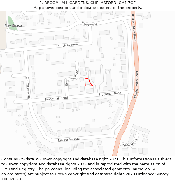 1, BROOMHALL GARDENS, CHELMSFORD, CM1 7GE: Location map and indicative extent of plot