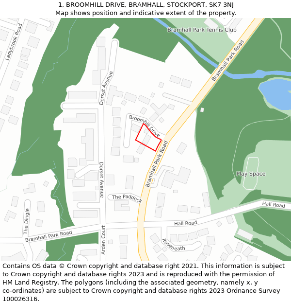 1, BROOMHILL DRIVE, BRAMHALL, STOCKPORT, SK7 3NJ: Location map and indicative extent of plot