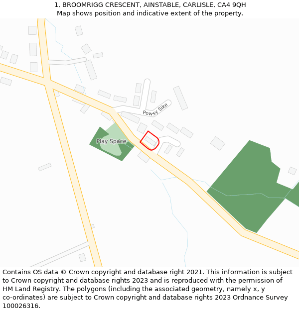 1, BROOMRIGG CRESCENT, AINSTABLE, CARLISLE, CA4 9QH: Location map and indicative extent of plot