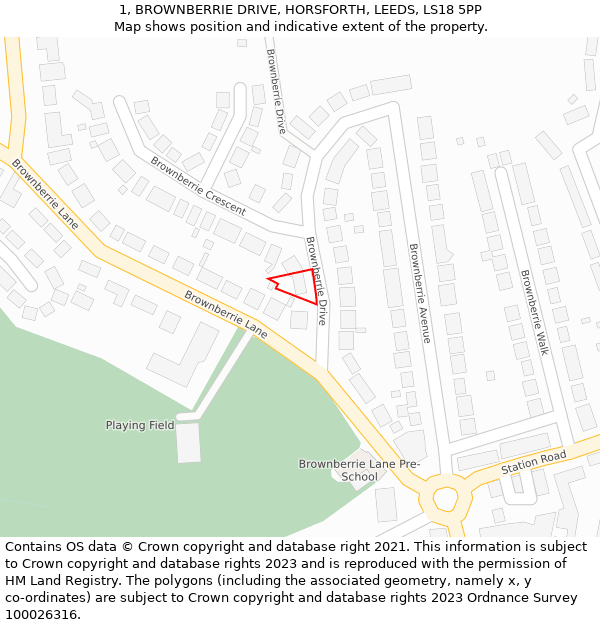 1, BROWNBERRIE DRIVE, HORSFORTH, LEEDS, LS18 5PP: Location map and indicative extent of plot