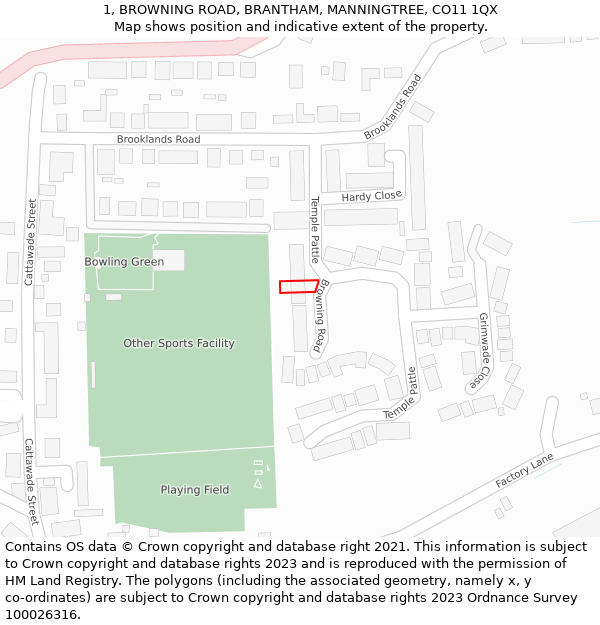 1, BROWNING ROAD, BRANTHAM, MANNINGTREE, CO11 1QX: Location map and indicative extent of plot