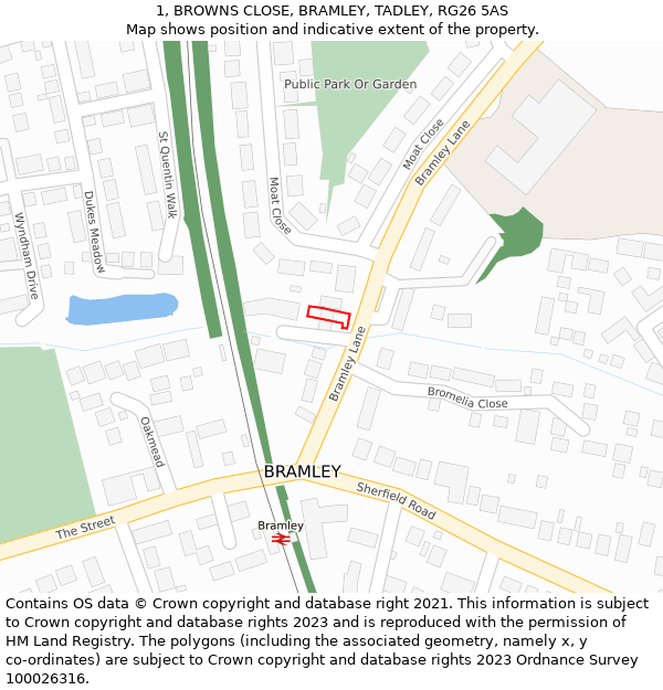 1, BROWNS CLOSE, BRAMLEY, TADLEY, RG26 5AS: Location map and indicative extent of plot