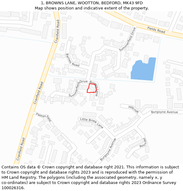 1, BROWNS LANE, WOOTTON, BEDFORD, MK43 9FD: Location map and indicative extent of plot