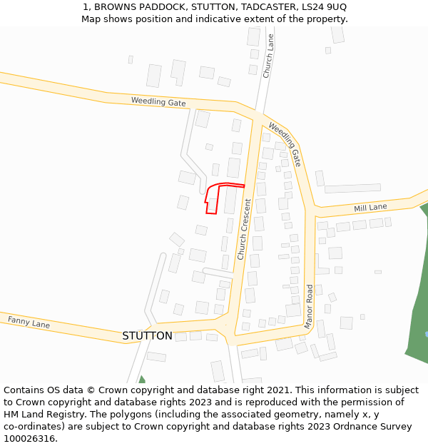 1, BROWNS PADDOCK, STUTTON, TADCASTER, LS24 9UQ: Location map and indicative extent of plot