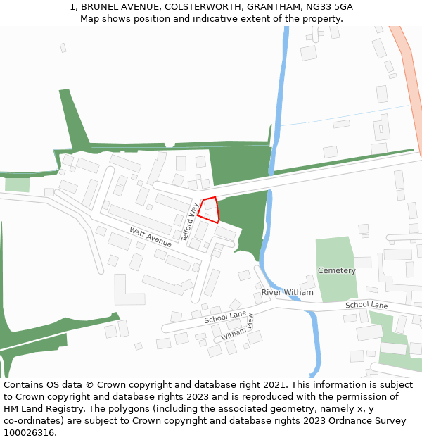 1, BRUNEL AVENUE, COLSTERWORTH, GRANTHAM, NG33 5GA: Location map and indicative extent of plot
