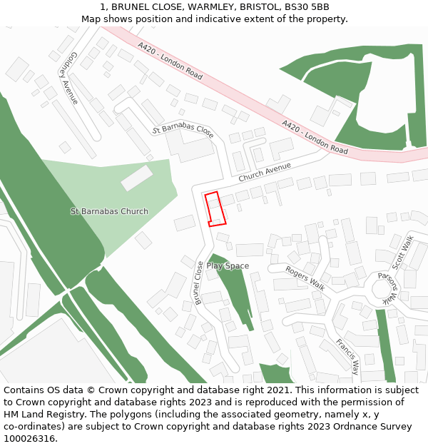 1, BRUNEL CLOSE, WARMLEY, BRISTOL, BS30 5BB: Location map and indicative extent of plot