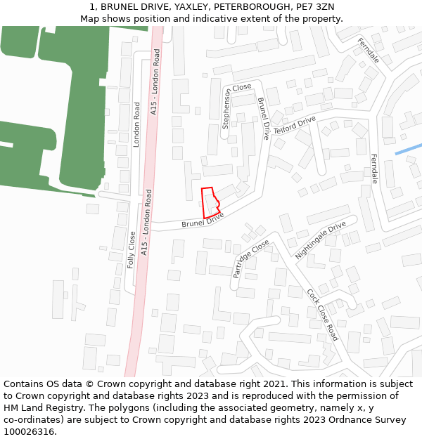 1, BRUNEL DRIVE, YAXLEY, PETERBOROUGH, PE7 3ZN: Location map and indicative extent of plot