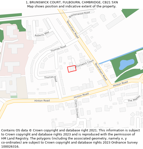 1, BRUNSWICK COURT, FULBOURN, CAMBRIDGE, CB21 5XN: Location map and indicative extent of plot