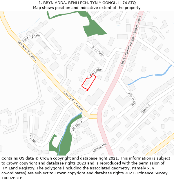 1, BRYN ADDA, BENLLECH, TYN-Y-GONGL, LL74 8TQ: Location map and indicative extent of plot