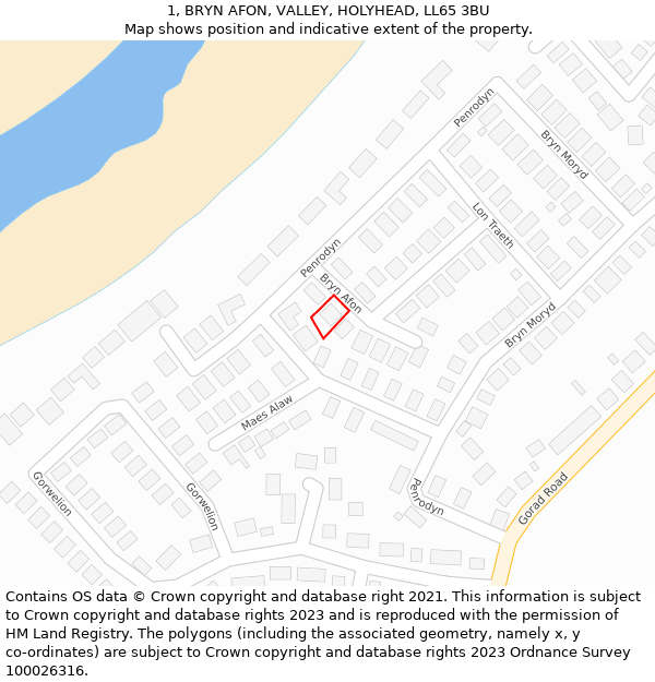 1, BRYN AFON, VALLEY, HOLYHEAD, LL65 3BU: Location map and indicative extent of plot