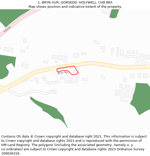 1, BRYN AUR, GORSEDD, HOLYWELL, CH8 8RA: Location map and indicative extent of plot