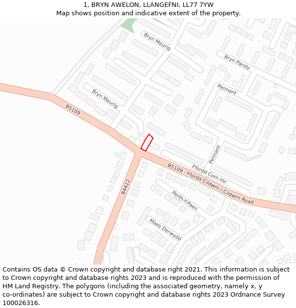 1, BRYN AWELON, LLANGEFNI, LL77 7YW: Location map and indicative extent of plot