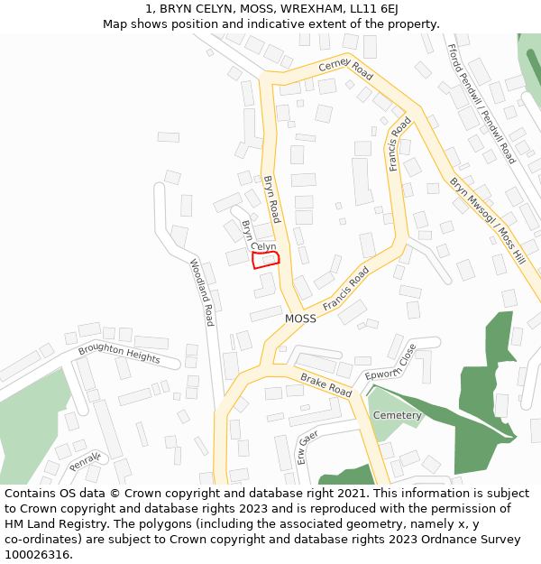 1, BRYN CELYN, MOSS, WREXHAM, LL11 6EJ: Location map and indicative extent of plot