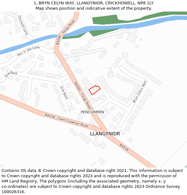 1, BRYN CELYN WAY, LLANGYNIDR, CRICKHOWELL, NP8 1LY: Location map and indicative extent of plot