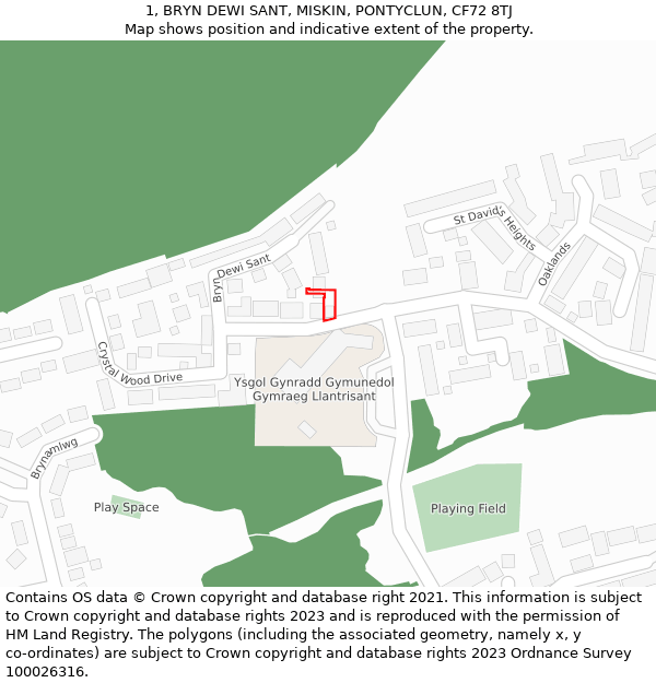 1, BRYN DEWI SANT, MISKIN, PONTYCLUN, CF72 8TJ: Location map and indicative extent of plot