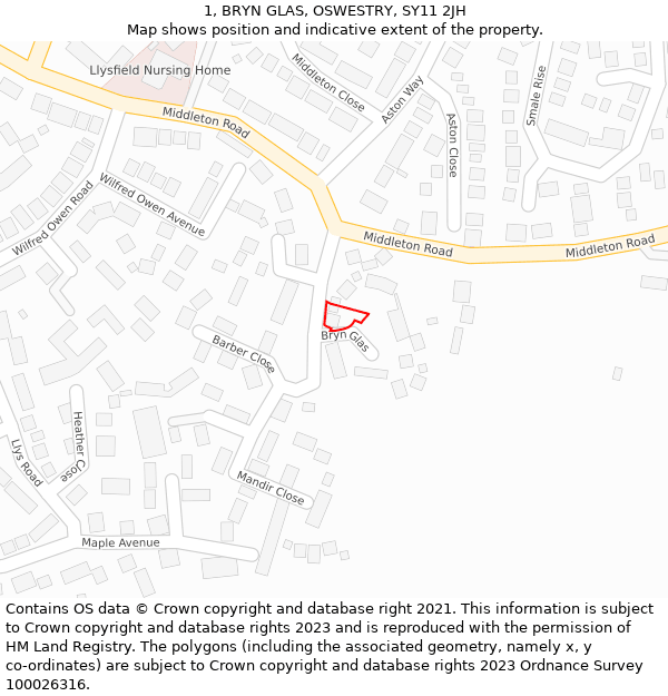 1, BRYN GLAS, OSWESTRY, SY11 2JH: Location map and indicative extent of plot