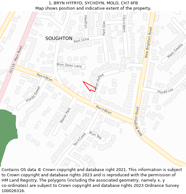 1, BRYN HYFRYD, SYCHDYN, MOLD, CH7 6FB: Location map and indicative extent of plot