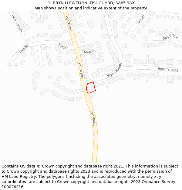 1, BRYN LLEWELLYN, FISHGUARD, SA65 9AX: Location map and indicative extent of plot