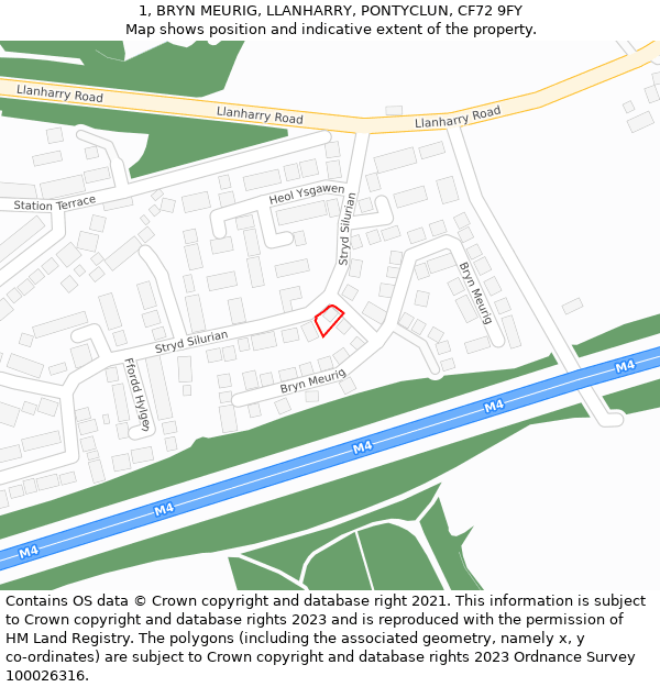 1, BRYN MEURIG, LLANHARRY, PONTYCLUN, CF72 9FY: Location map and indicative extent of plot