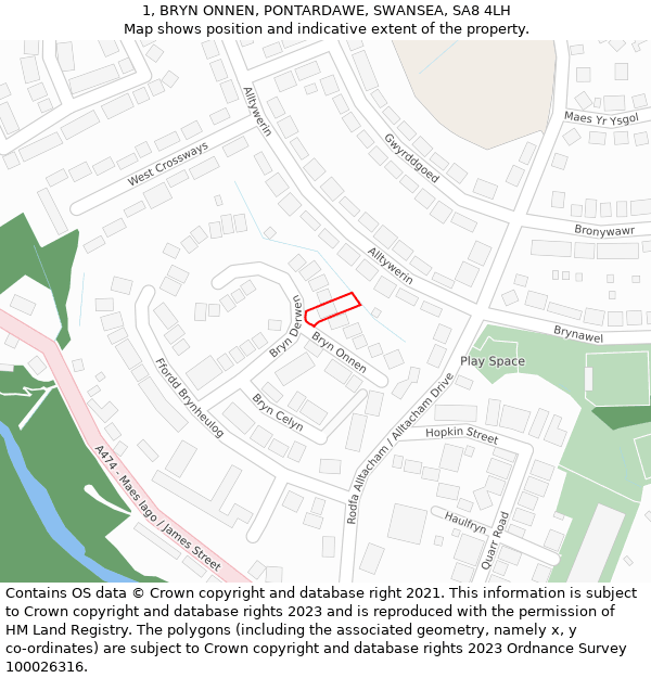 1, BRYN ONNEN, PONTARDAWE, SWANSEA, SA8 4LH: Location map and indicative extent of plot