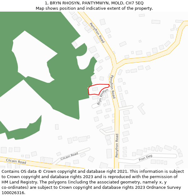 1, BRYN RHOSYN, PANTYMWYN, MOLD, CH7 5EQ: Location map and indicative extent of plot