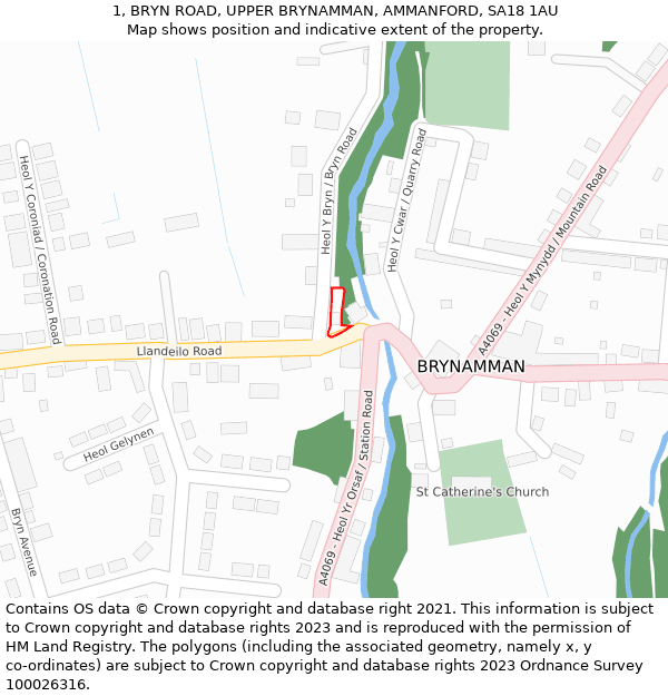 1, BRYN ROAD, UPPER BRYNAMMAN, AMMANFORD, SA18 1AU: Location map and indicative extent of plot