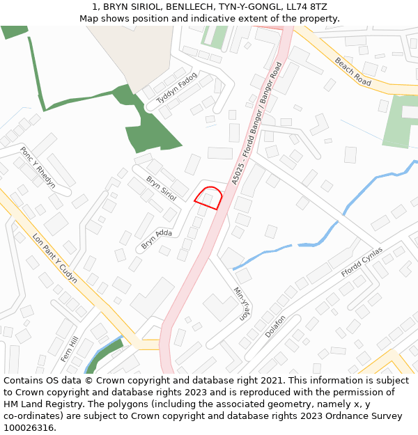 1, BRYN SIRIOL, BENLLECH, TYN-Y-GONGL, LL74 8TZ: Location map and indicative extent of plot