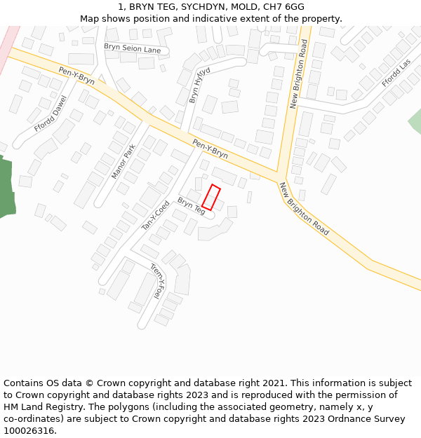 1, BRYN TEG, SYCHDYN, MOLD, CH7 6GG: Location map and indicative extent of plot