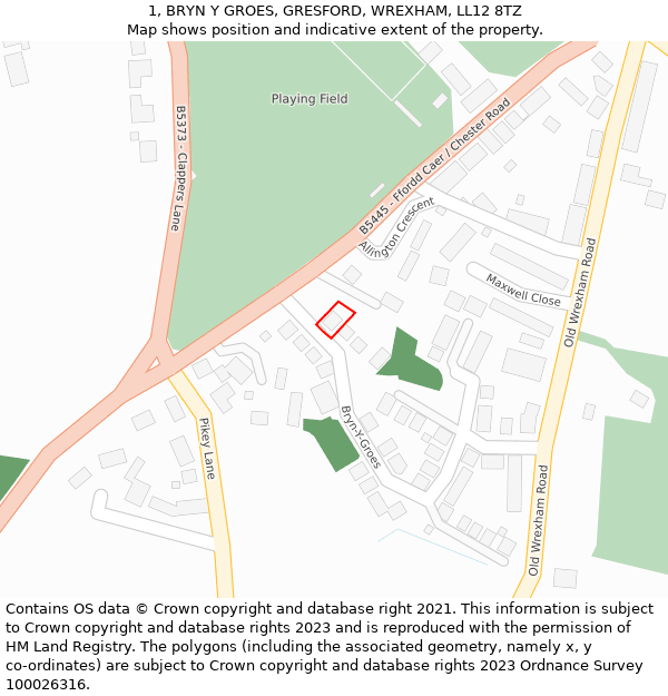 1, BRYN Y GROES, GRESFORD, WREXHAM, LL12 8TZ: Location map and indicative extent of plot