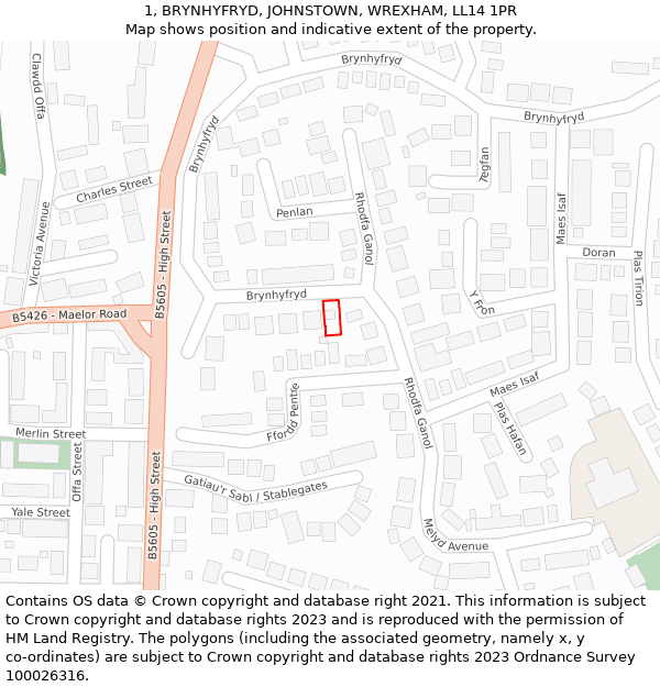 1, BRYNHYFRYD, JOHNSTOWN, WREXHAM, LL14 1PR: Location map and indicative extent of plot