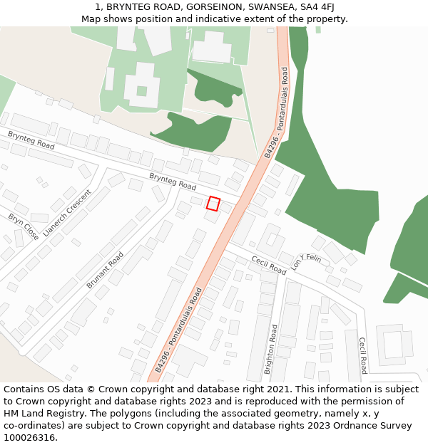 1, BRYNTEG ROAD, GORSEINON, SWANSEA, SA4 4FJ: Location map and indicative extent of plot