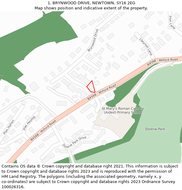 1, BRYNWOOD DRIVE, NEWTOWN, SY16 2EG: Location map and indicative extent of plot