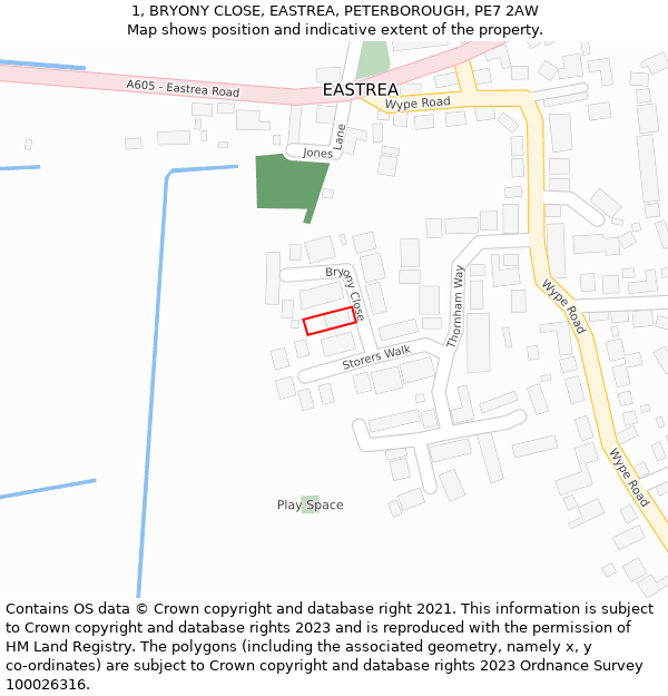 1, BRYONY CLOSE, EASTREA, PETERBOROUGH, PE7 2AW: Location map and indicative extent of plot