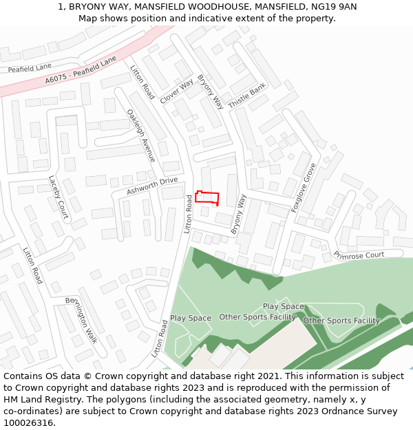 1, BRYONY WAY, MANSFIELD WOODHOUSE, MANSFIELD, NG19 9AN: Location map and indicative extent of plot