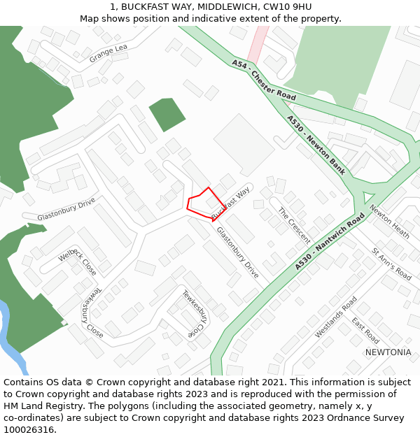 1, BUCKFAST WAY, MIDDLEWICH, CW10 9HU: Location map and indicative extent of plot