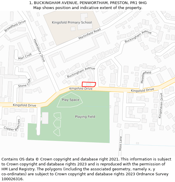 1, BUCKINGHAM AVENUE, PENWORTHAM, PRESTON, PR1 9HG: Location map and indicative extent of plot