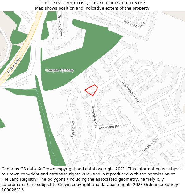 1, BUCKINGHAM CLOSE, GROBY, LEICESTER, LE6 0YX: Location map and indicative extent of plot