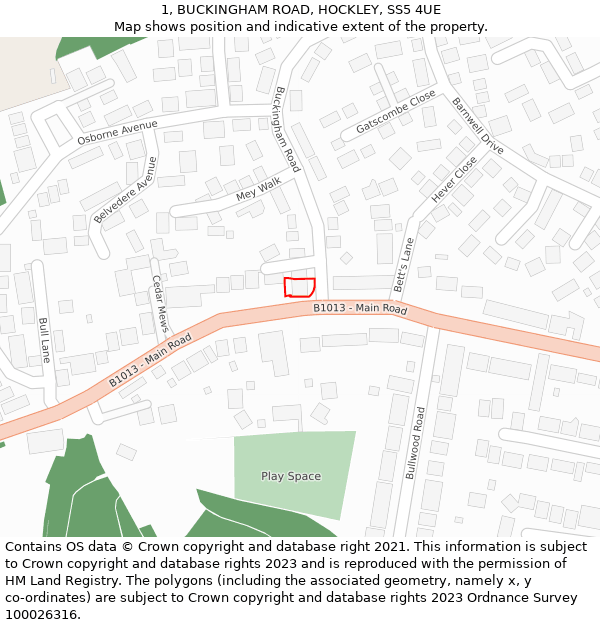 1, BUCKINGHAM ROAD, HOCKLEY, SS5 4UE: Location map and indicative extent of plot