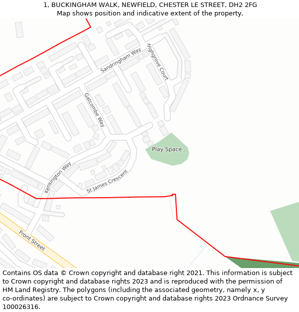 1, BUCKINGHAM WALK, NEWFIELD, CHESTER LE STREET, DH2 2FG: Location map and indicative extent of plot