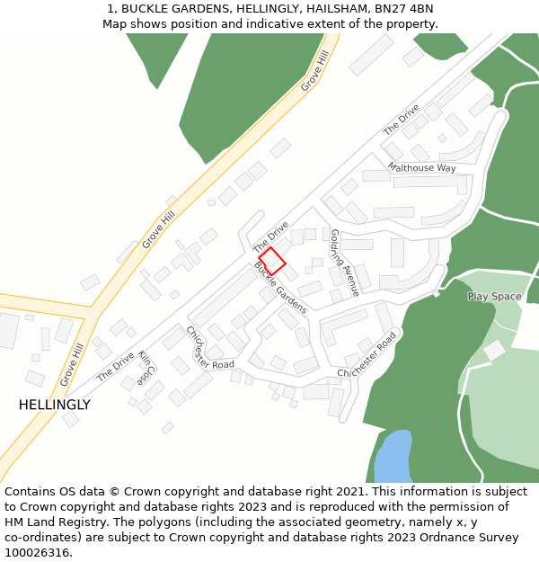 1, BUCKLE GARDENS, HELLINGLY, HAILSHAM, BN27 4BN: Location map and indicative extent of plot