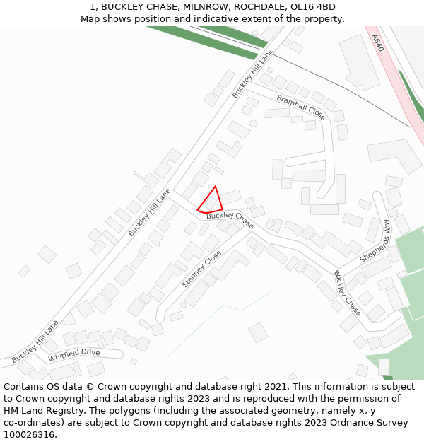 1, BUCKLEY CHASE, MILNROW, ROCHDALE, OL16 4BD: Location map and indicative extent of plot