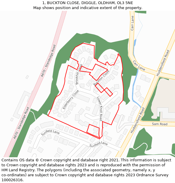 1, BUCKTON CLOSE, DIGGLE, OLDHAM, OL3 5NE: Location map and indicative extent of plot