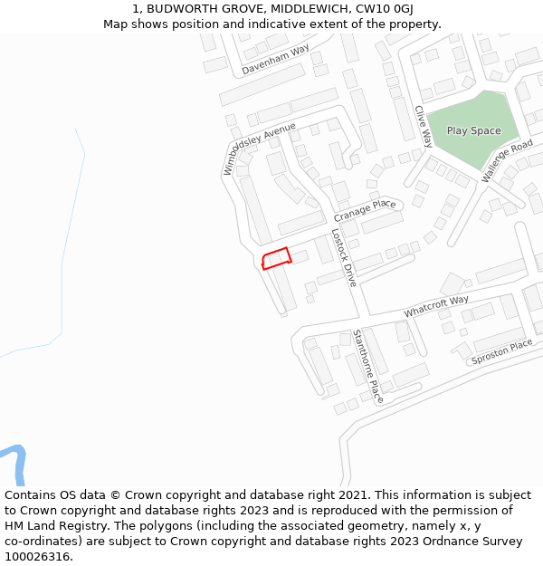 1, BUDWORTH GROVE, MIDDLEWICH, CW10 0GJ: Location map and indicative extent of plot