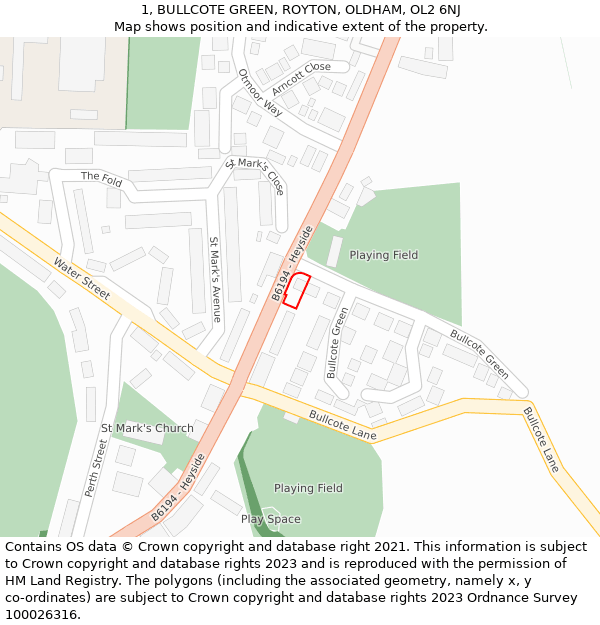 1, BULLCOTE GREEN, ROYTON, OLDHAM, OL2 6NJ: Location map and indicative extent of plot