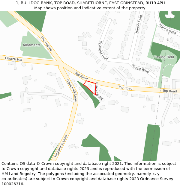 1, BULLDOG BANK, TOP ROAD, SHARPTHORNE, EAST GRINSTEAD, RH19 4PH: Location map and indicative extent of plot